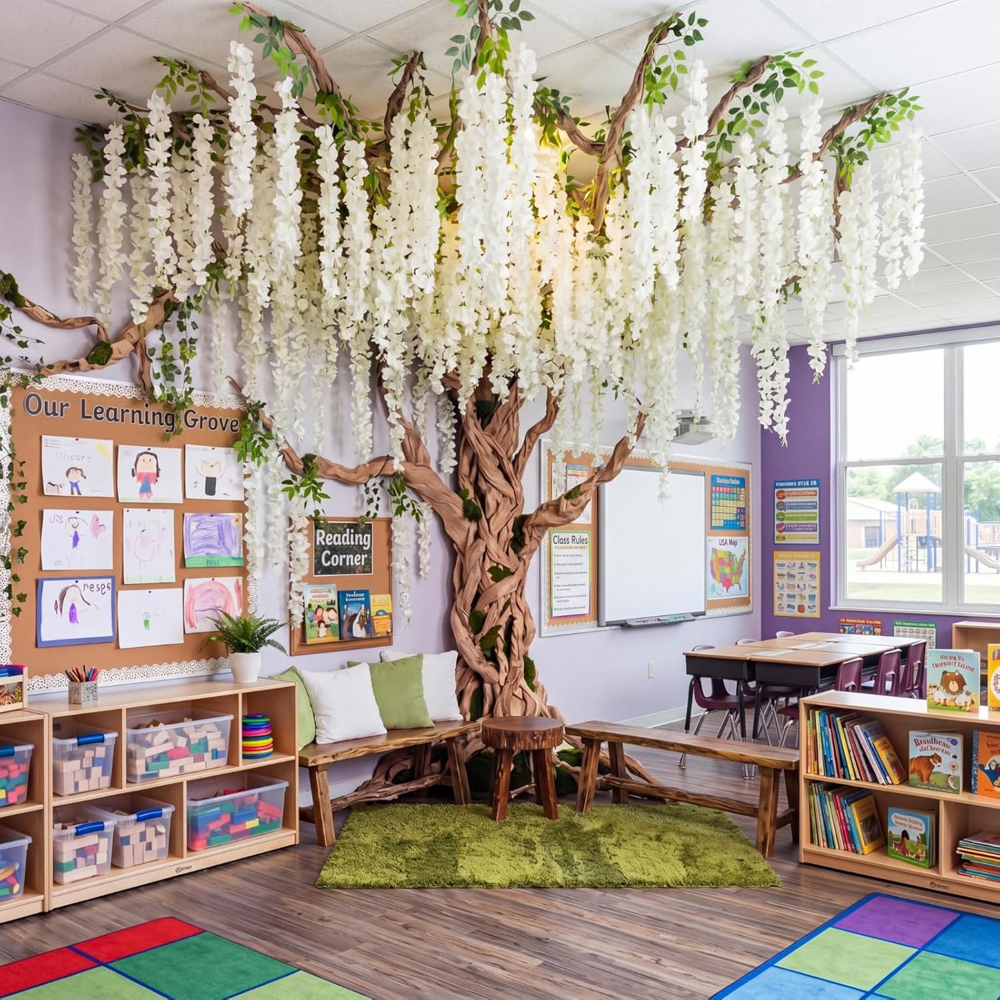 3D Wisteria Tree Classroom Tree Wall Decor for Room Ceiling Artificial Wisteria Hanging Garland Vine Cardboard Paper for Fairy Forest Back to School Bulletin Board Decoration DIY(Pink)