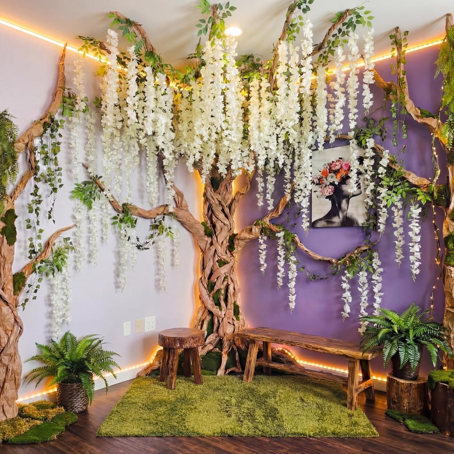 3D Wisteria Tree Classroom Tree Wall Decor for Room Ceiling Artificial Wisteria Hanging Garland Vine Cardboard Paper for Fairy Forest Back to School Bulletin Board Decoration DIY(Pink)