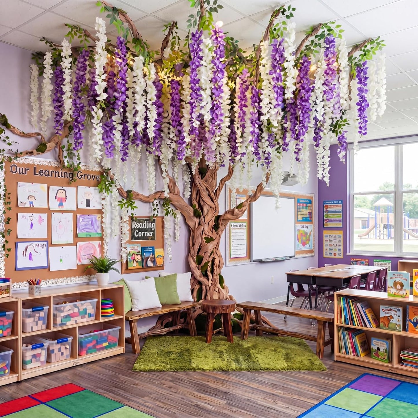 3D Wisteria Tree Classroom Tree Wall Decor for Room Ceiling Artificial Wisteria Hanging Garland Vine Cardboard Paper for Fairy Forest Back to School Bulletin Board Decoration DIY(Pink)