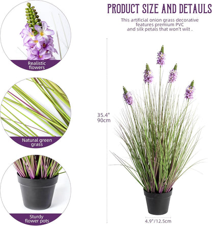 Artificial Plants Indoor Tall Grass Plants with Lilac Flower 35.4In Tall Artificial Ornamental Grass Green Onions Outdoor Fake Plants with Black Pot Home Office Decorative (1 Pack,Purple)