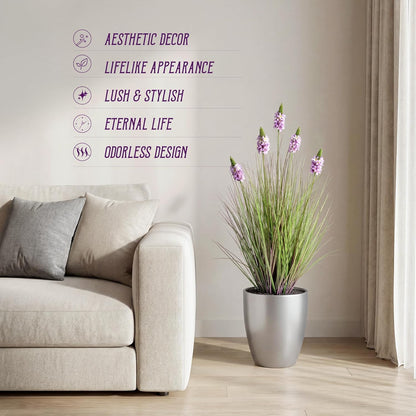 Artificial Plants Indoor Tall Grass Plants with Lilac Flower 35.4In Tall Artificial Ornamental Grass Green Onions Outdoor Fake Plants with Black Pot Home Office Decorative (1 Pack,Purple)