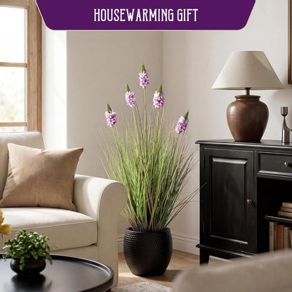Artificial Plants Indoor Tall Grass Plants with Lilac Flower 35.4In Tall Artificial Ornamental Grass Green Onions Outdoor Fake Plants with Black Pot Home Office Decorative (1 Pack,Purple)