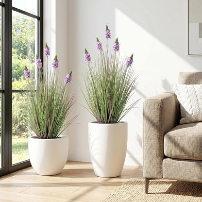Artificial Plants Indoor Tall Grass Plants with Lilac Flower 35.4In Tall Artificial Ornamental Grass Green Onions Outdoor Fake Plants with Black Pot Home Office Decorative (1 Pack,Purple)