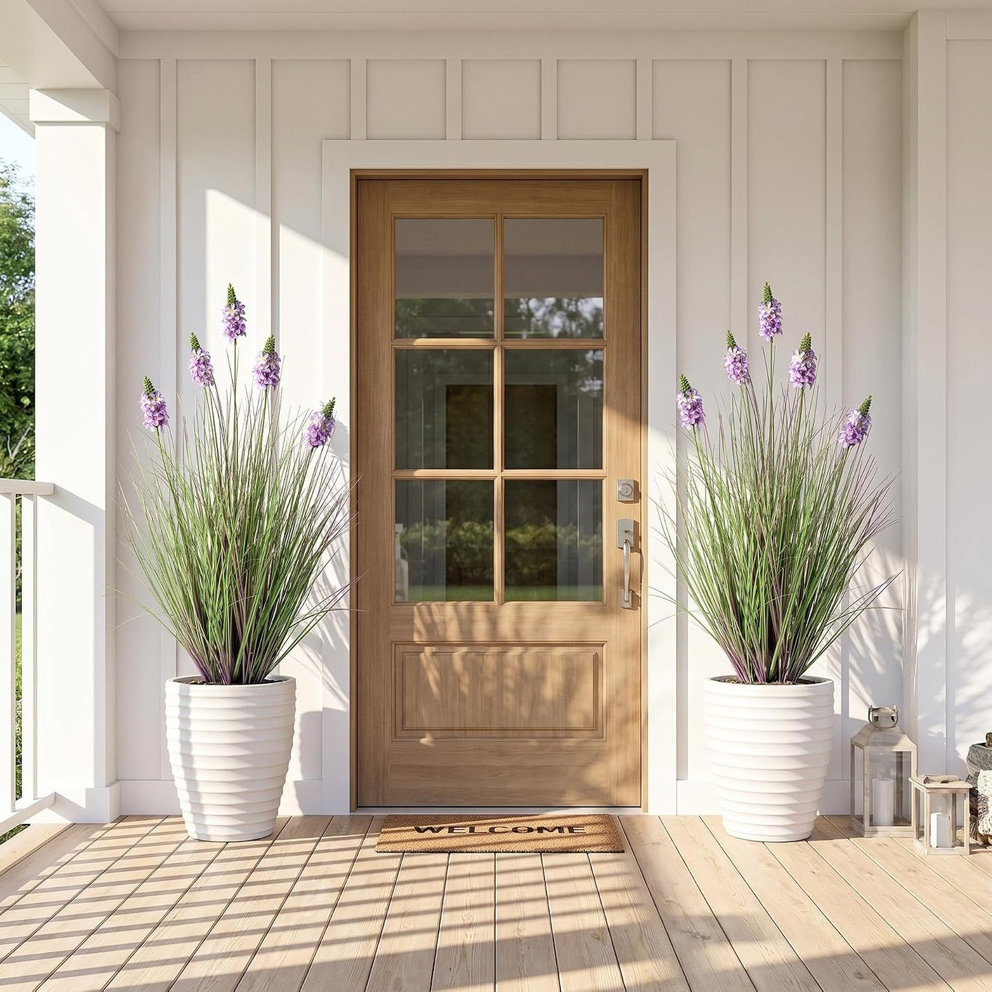 Artificial Plants Indoor Tall Grass Plants with Lilac Flower 35.4In Tall Artificial Ornamental Grass Green Onions Outdoor Fake Plants with Black Pot Home Office Decorative (1 Pack,Purple)