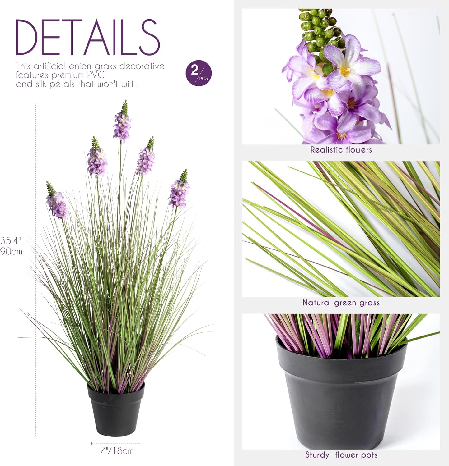 Artificial Plants Indoor Tall Grass Plants with Lilac Flower 35.4In Tall Artificial Ornamental Grass Green Onions Outdoor Fake Plants with Black Pot Home Office Decorative (1 Pack,Purple)