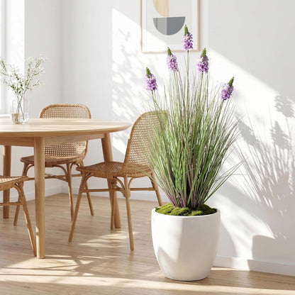 Artificial Plants Indoor Tall Grass Plants with Lilac Flower 35.4In Tall Artificial Ornamental Grass Green Onions Outdoor Fake Plants with Black Pot Home Office Decorative (1 Pack,Purple)