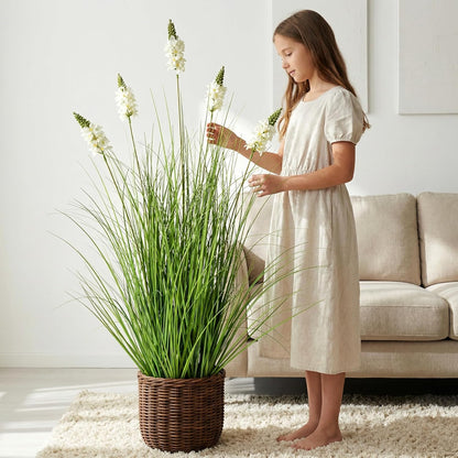 Artificial Plants Indoor Tall Grass Plants with Lilac Flower 35.4In Tall Artificial Ornamental Grass Green Onions Outdoor Fake Plants with Black Pot Home Office Decorative (1 Pack,Purple)