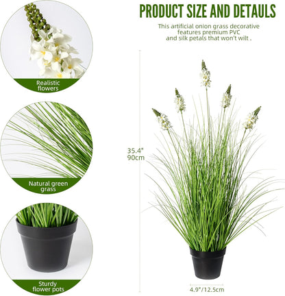 Artificial Plants Indoor Tall Grass Plants with Lilac Flower 35.4In Tall Artificial Ornamental Grass Green Onions Outdoor Fake Plants with Black Pot Home Office Decorative (1 Pack,Purple)