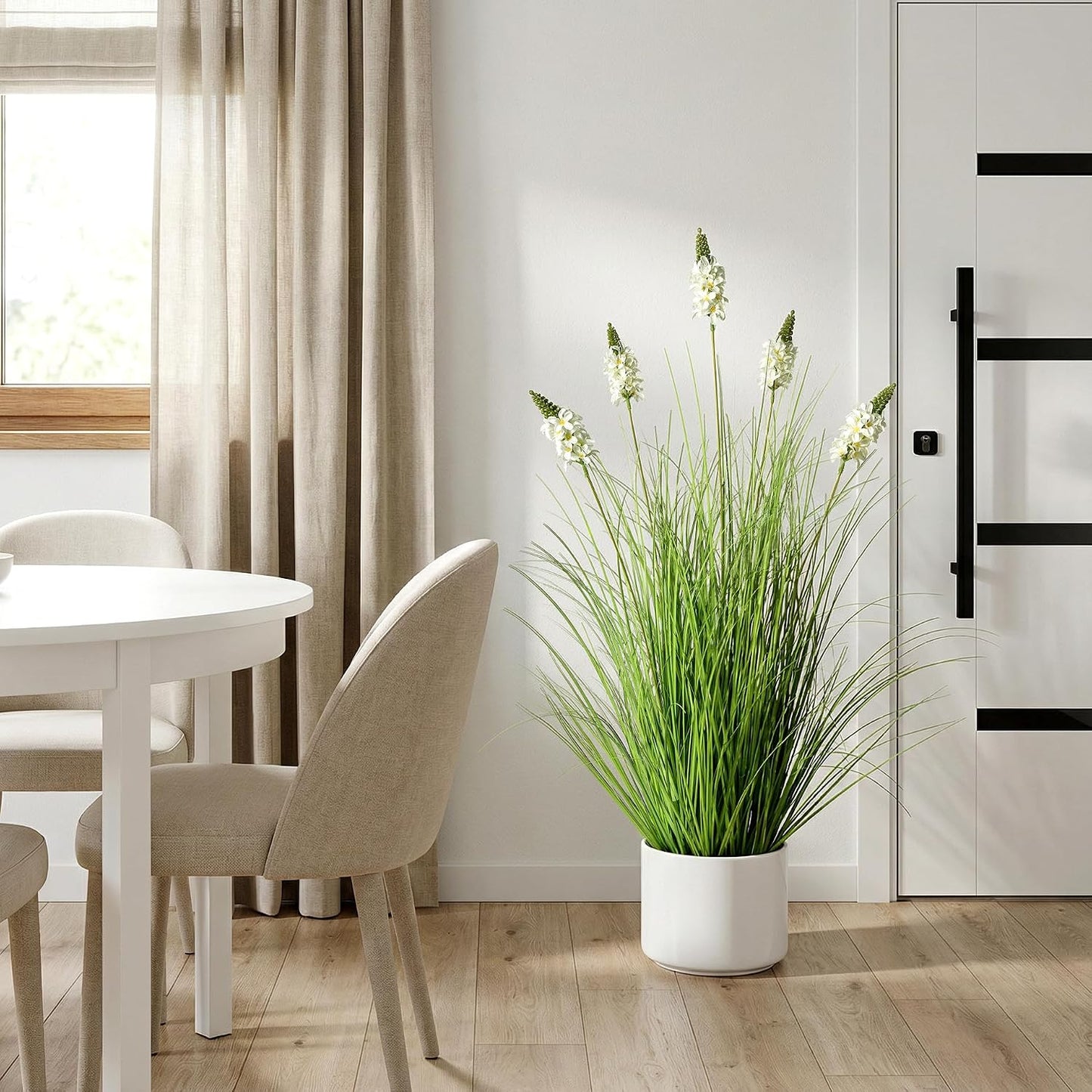 Artificial Plants Indoor Tall Grass Plants with Lilac Flower 35.4In Tall Artificial Ornamental Grass Green Onions Outdoor Fake Plants with Black Pot Home Office Decorative (1 Pack,Purple)