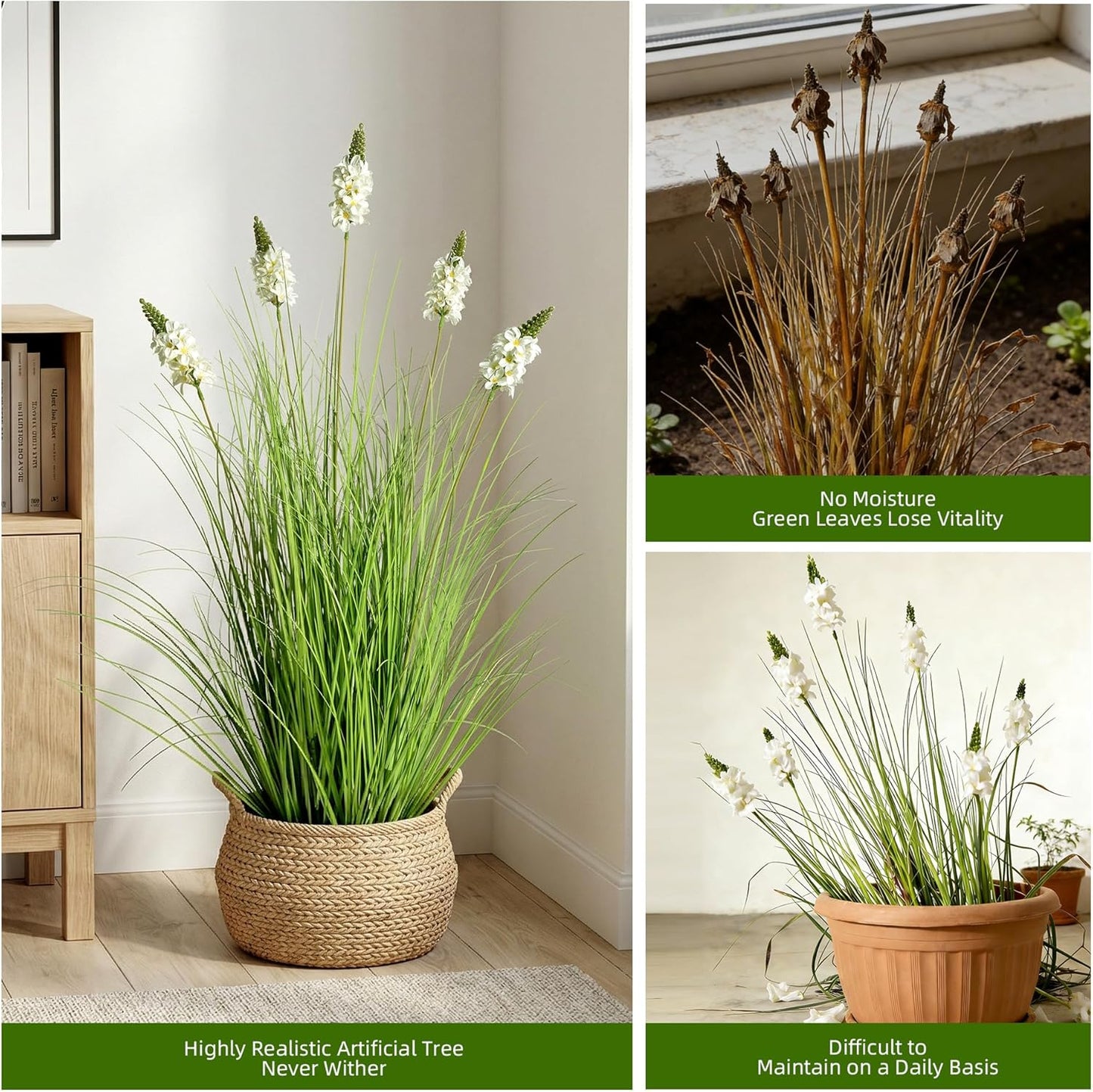 Artificial Plants Indoor Tall Grass Plants with Lilac Flower 35.4In Tall Artificial Ornamental Grass Green Onions Outdoor Fake Plants with Black Pot Home Office Decorative (1 Pack,Purple)