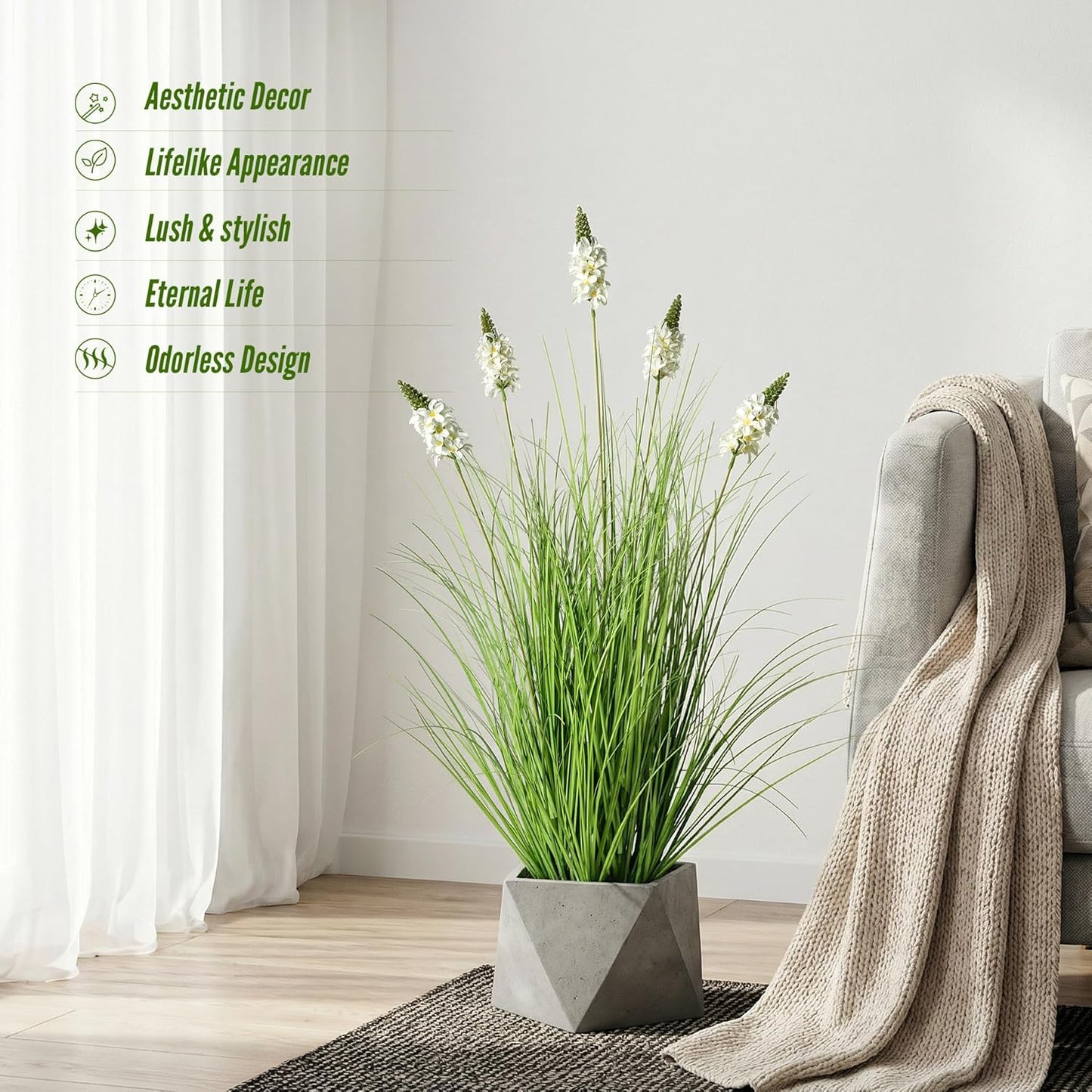 Artificial Plants Indoor Tall Grass Plants with Lilac Flower 35.4In Tall Artificial Ornamental Grass Green Onions Outdoor Fake Plants with Black Pot Home Office Decorative (1 Pack,Purple)
