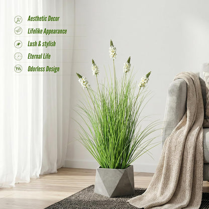 Artificial Plants Indoor Tall Grass Plants with Lilac Flower 35.4In Tall Artificial Ornamental Grass Green Onions Outdoor Fake Plants with Black Pot Home Office Decorative (1 Pack,Purple)