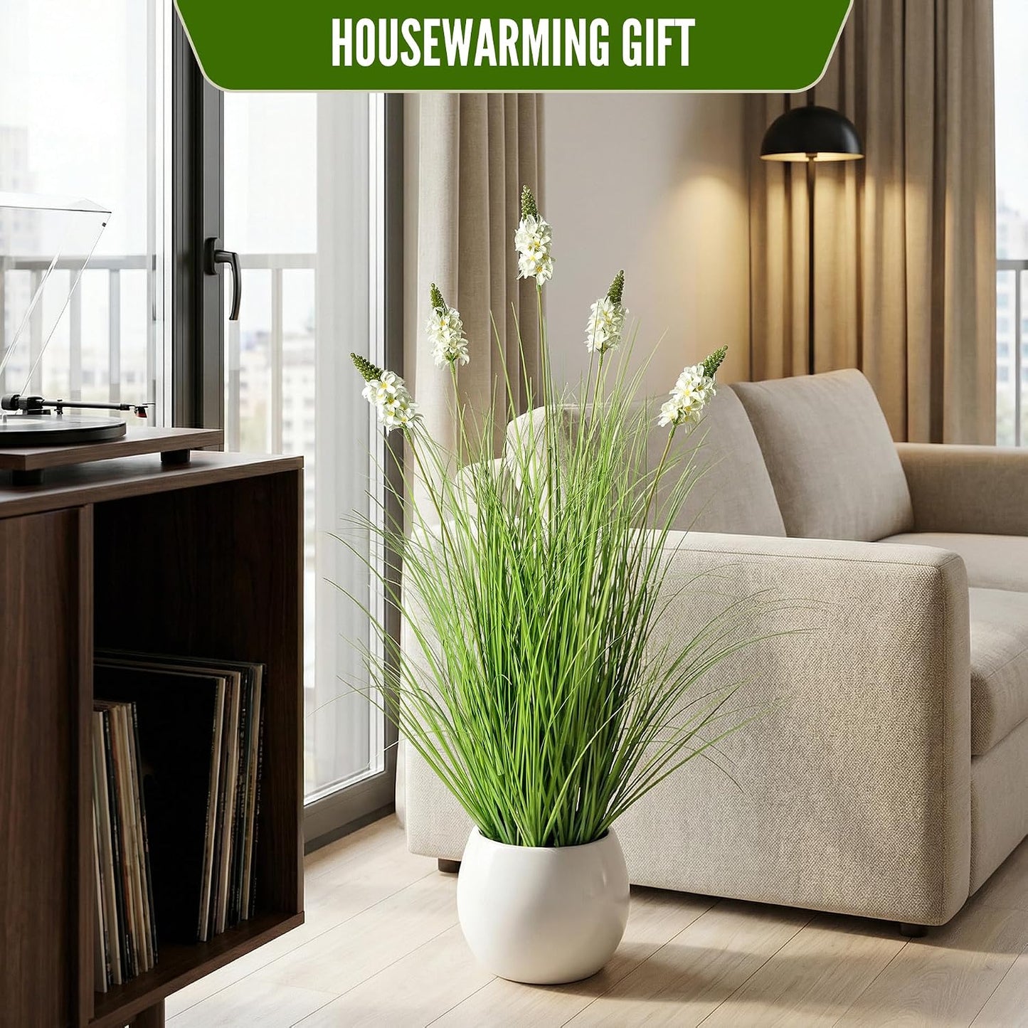 Artificial Plants Indoor Tall Grass Plants with Lilac Flower 35.4In Tall Artificial Ornamental Grass Green Onions Outdoor Fake Plants with Black Pot Home Office Decorative (1 Pack,Purple)