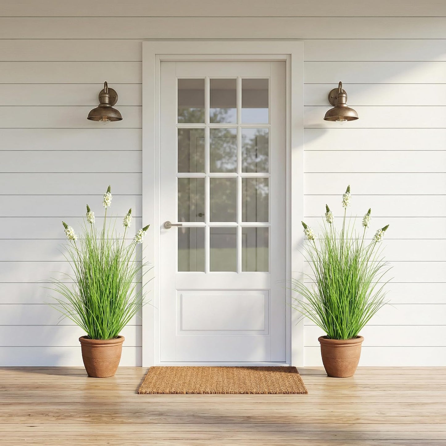 Artificial Plants Indoor Tall Grass Plants with Lilac Flower 35.4In Tall Artificial Ornamental Grass Green Onions Outdoor Fake Plants with Black Pot Home Office Decorative (1 Pack,Purple)