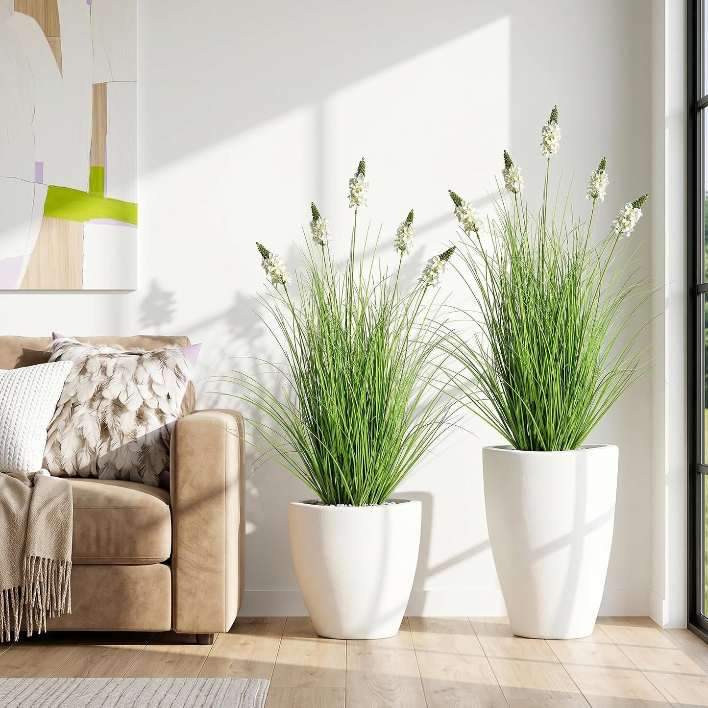 Artificial Plants Indoor Tall Grass Plants with Lilac Flower 35.4In Tall Artificial Ornamental Grass Green Onions Outdoor Fake Plants with Black Pot Home Office Decorative (1 Pack,Purple)
