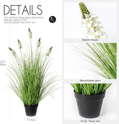 Artificial Plants Indoor Tall Grass Plants with Lilac Flower 35.4In Tall Artificial Ornamental Grass Green Onions Outdoor Fake Plants with Black Pot Home Office Decorative (1 Pack,Purple)