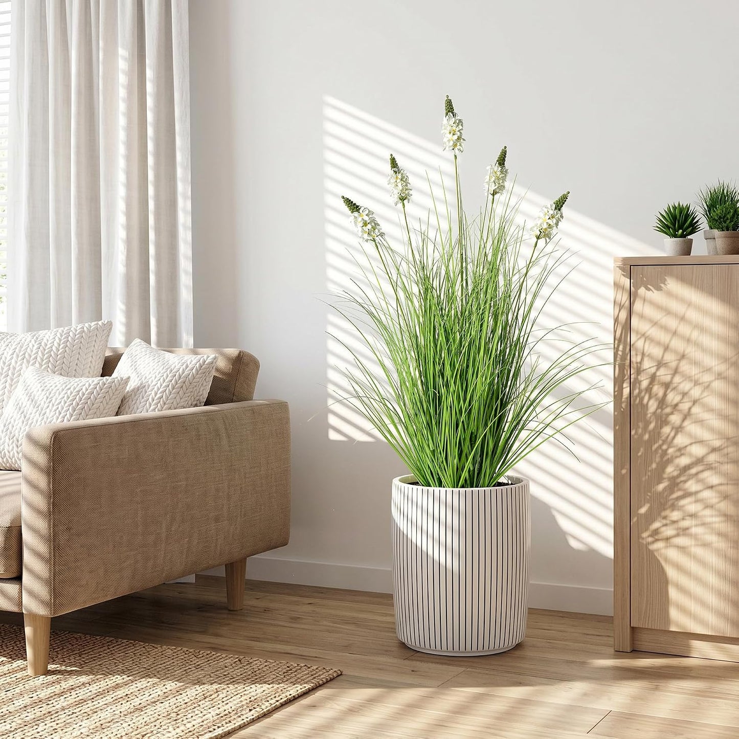 Artificial Plants Indoor Tall Grass Plants with Lilac Flower 35.4In Tall Artificial Ornamental Grass Green Onions Outdoor Fake Plants with Black Pot Home Office Decorative (1 Pack,Purple)