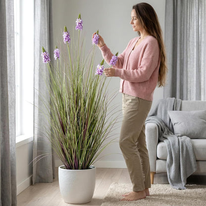 Artificial Plants Indoor Tall Grass Plants with Lilac Flower 35.4In Tall Artificial Ornamental Grass Green Onions Outdoor Fake Plants with Black Pot Home Office Decorative (1 Pack,Purple)