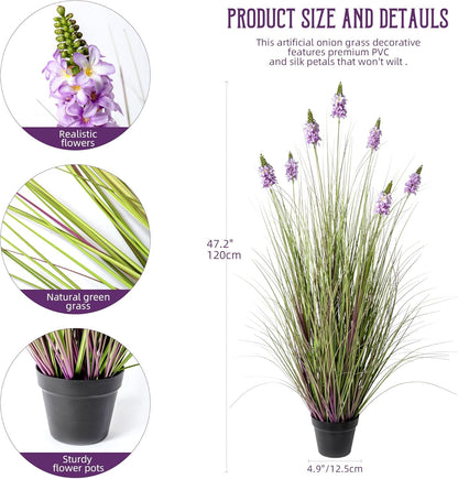 Artificial Plants Indoor Tall Grass Plants with Lilac Flower 35.4In Tall Artificial Ornamental Grass Green Onions Outdoor Fake Plants with Black Pot Home Office Decorative (1 Pack,Purple)