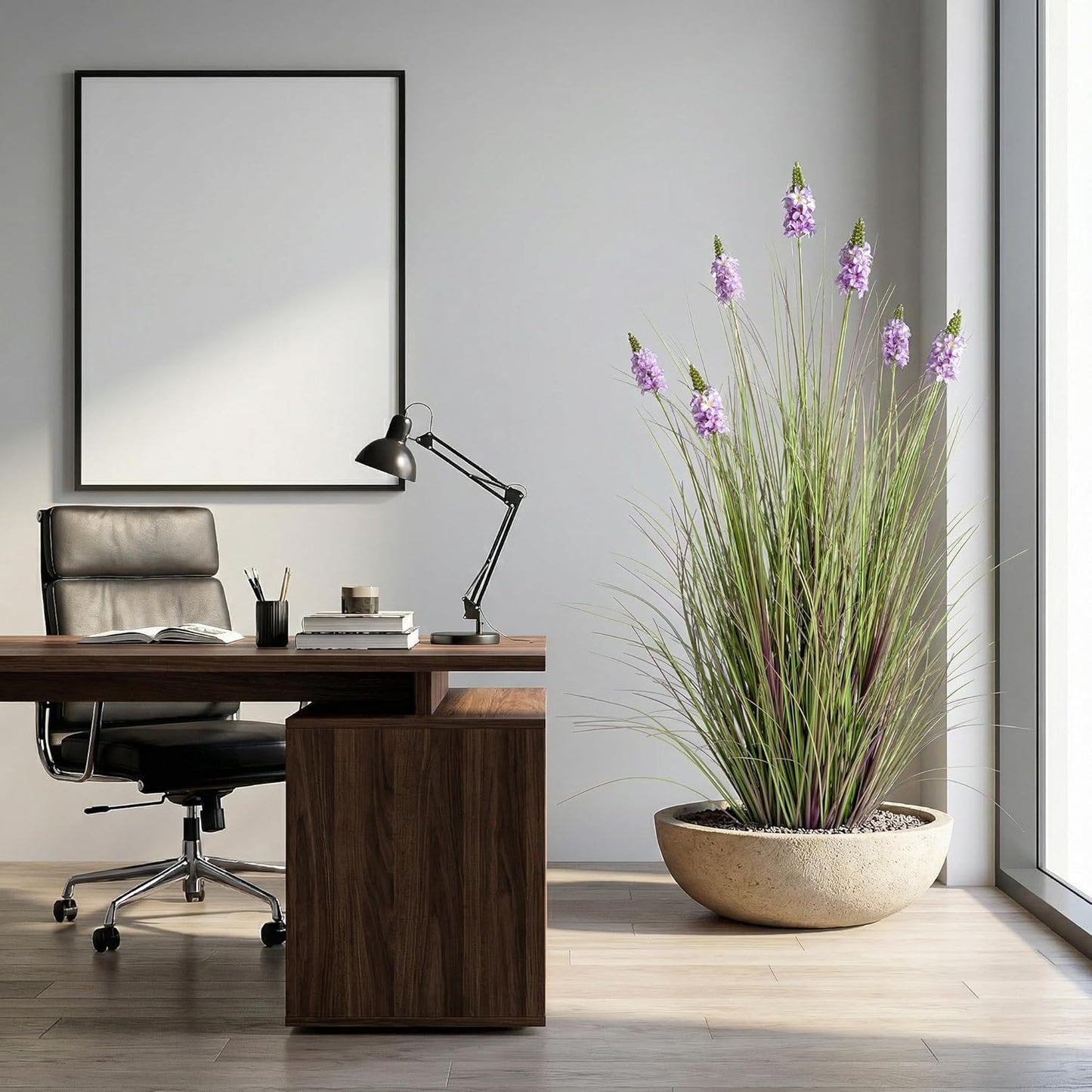 Artificial Plants Indoor Tall Grass Plants with Lilac Flower 35.4In Tall Artificial Ornamental Grass Green Onions Outdoor Fake Plants with Black Pot Home Office Decorative (1 Pack,Purple)