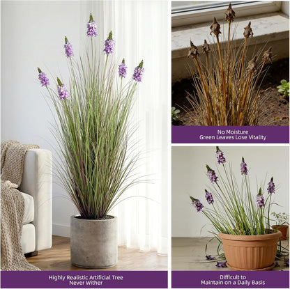 Artificial Plants Indoor Tall Grass Plants with Lilac Flower 35.4In Tall Artificial Ornamental Grass Green Onions Outdoor Fake Plants with Black Pot Home Office Decorative (1 Pack,Purple)