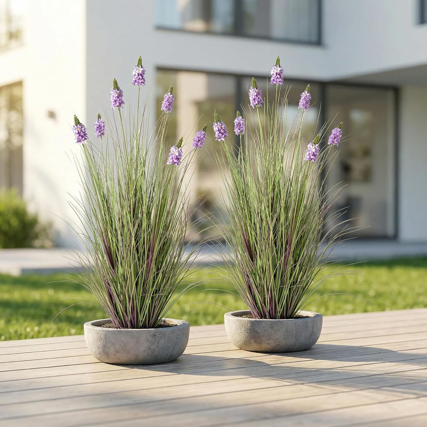 Artificial Plants Indoor Tall Grass Plants with Lilac Flower 35.4In Tall Artificial Ornamental Grass Green Onions Outdoor Fake Plants with Black Pot Home Office Decorative (1 Pack,Purple)