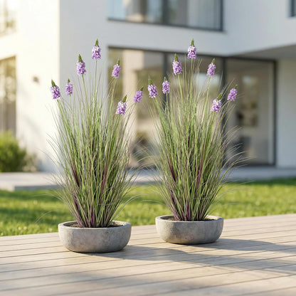Artificial Plants Indoor Tall Grass Plants with Lilac Flower 35.4In Tall Artificial Ornamental Grass Green Onions Outdoor Fake Plants with Black Pot Home Office Decorative (1 Pack,Purple)