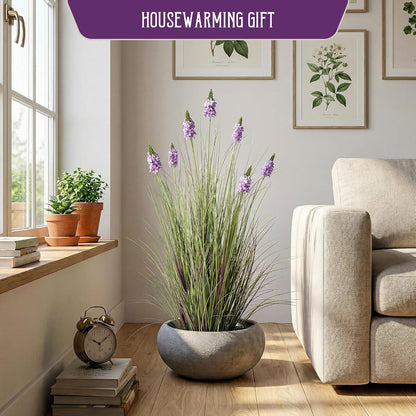Artificial Plants Indoor Tall Grass Plants with Lilac Flower 35.4In Tall Artificial Ornamental Grass Green Onions Outdoor Fake Plants with Black Pot Home Office Decorative (1 Pack,Purple)