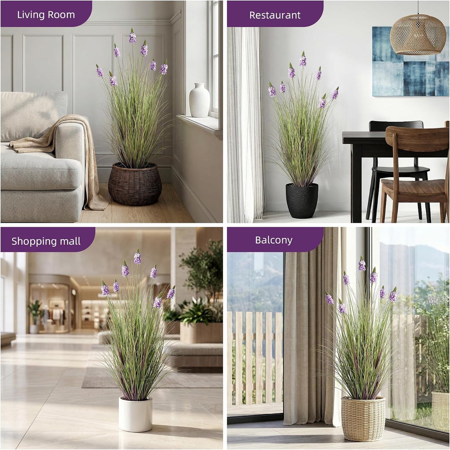 Artificial Plants Indoor Tall Grass Plants with Lilac Flower 35.4In Tall Artificial Ornamental Grass Green Onions Outdoor Fake Plants with Black Pot Home Office Decorative (1 Pack,Purple)