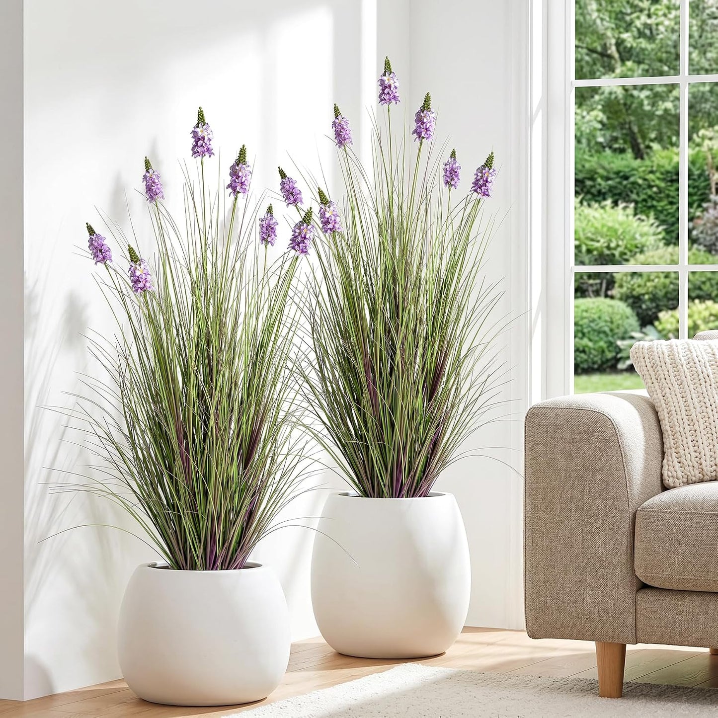 Artificial Plants Indoor Tall Grass Plants with Lilac Flower 35.4In Tall Artificial Ornamental Grass Green Onions Outdoor Fake Plants with Black Pot Home Office Decorative (1 Pack,Purple)