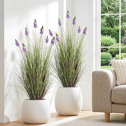 Artificial Plants Indoor Tall Grass Plants with Lilac Flower 35.4In Tall Artificial Ornamental Grass Green Onions Outdoor Fake Plants with Black Pot Home Office Decorative (1 Pack,Purple)