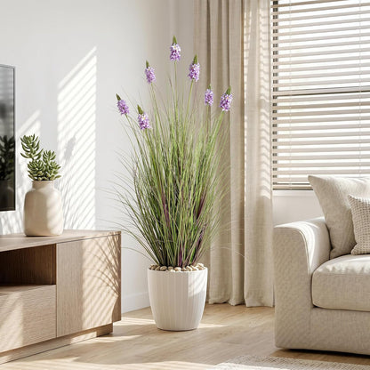 Artificial Plants Indoor Tall Grass Plants with Lilac Flower 35.4In Tall Artificial Ornamental Grass Green Onions Outdoor Fake Plants with Black Pot Home Office Decorative (1 Pack,Purple)