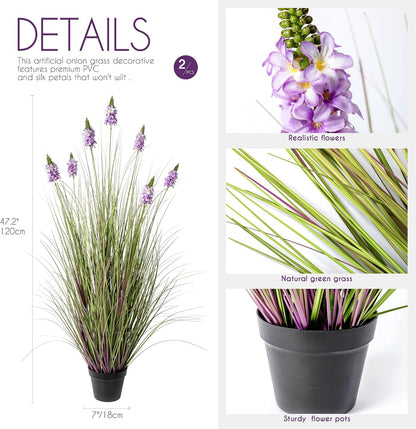Artificial Plants Indoor Tall Grass Plants with Lilac Flower 35.4In Tall Artificial Ornamental Grass Green Onions Outdoor Fake Plants with Black Pot Home Office Decorative (1 Pack,Purple)