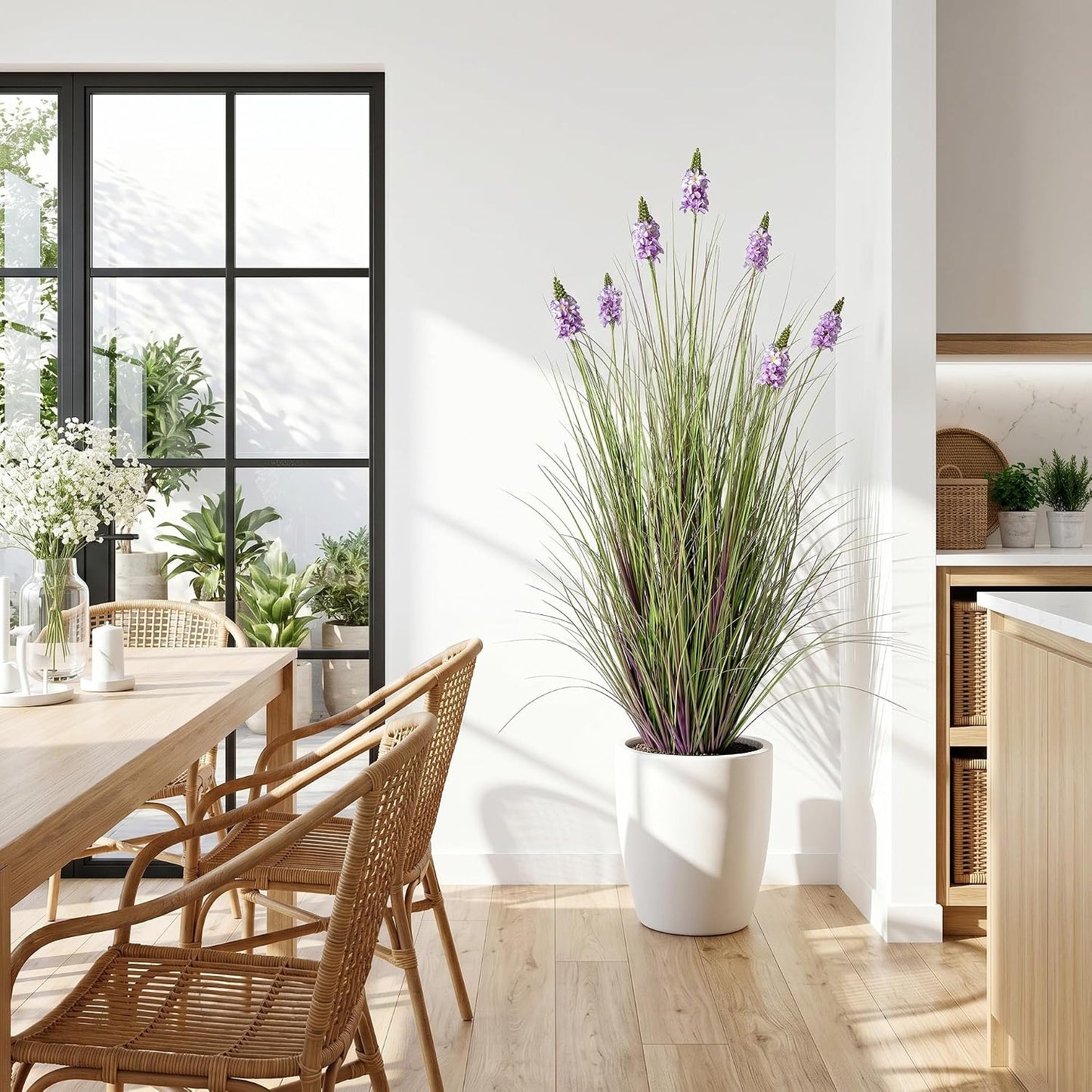 Artificial Plants Indoor Tall Grass Plants with Lilac Flower 35.4In Tall Artificial Ornamental Grass Green Onions Outdoor Fake Plants with Black Pot Home Office Decorative (1 Pack,Purple)
