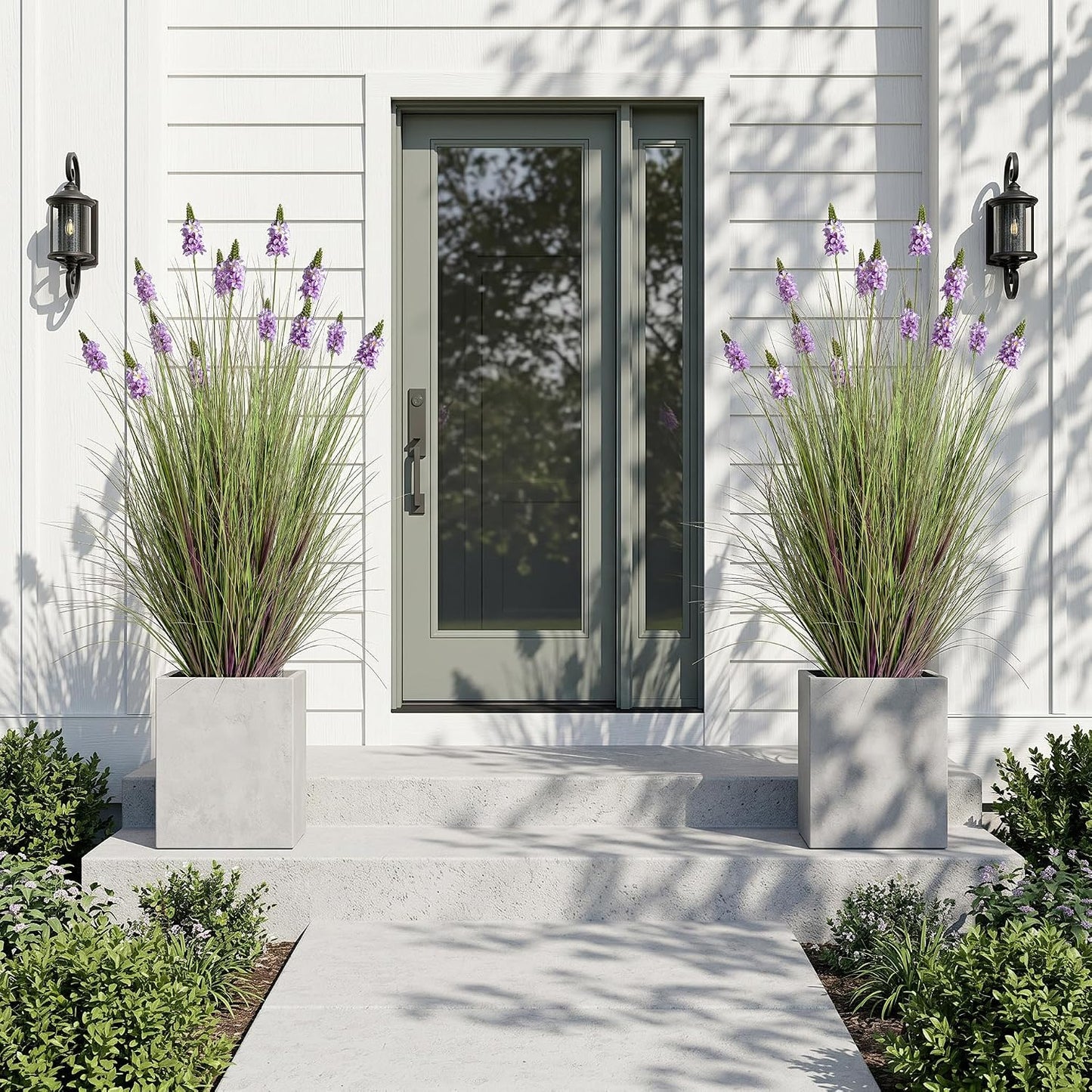 Artificial Plants Indoor Tall Grass Plants with Lilac Flower 35.4In Tall Artificial Ornamental Grass Green Onions Outdoor Fake Plants with Black Pot Home Office Decorative (1 Pack,Purple)