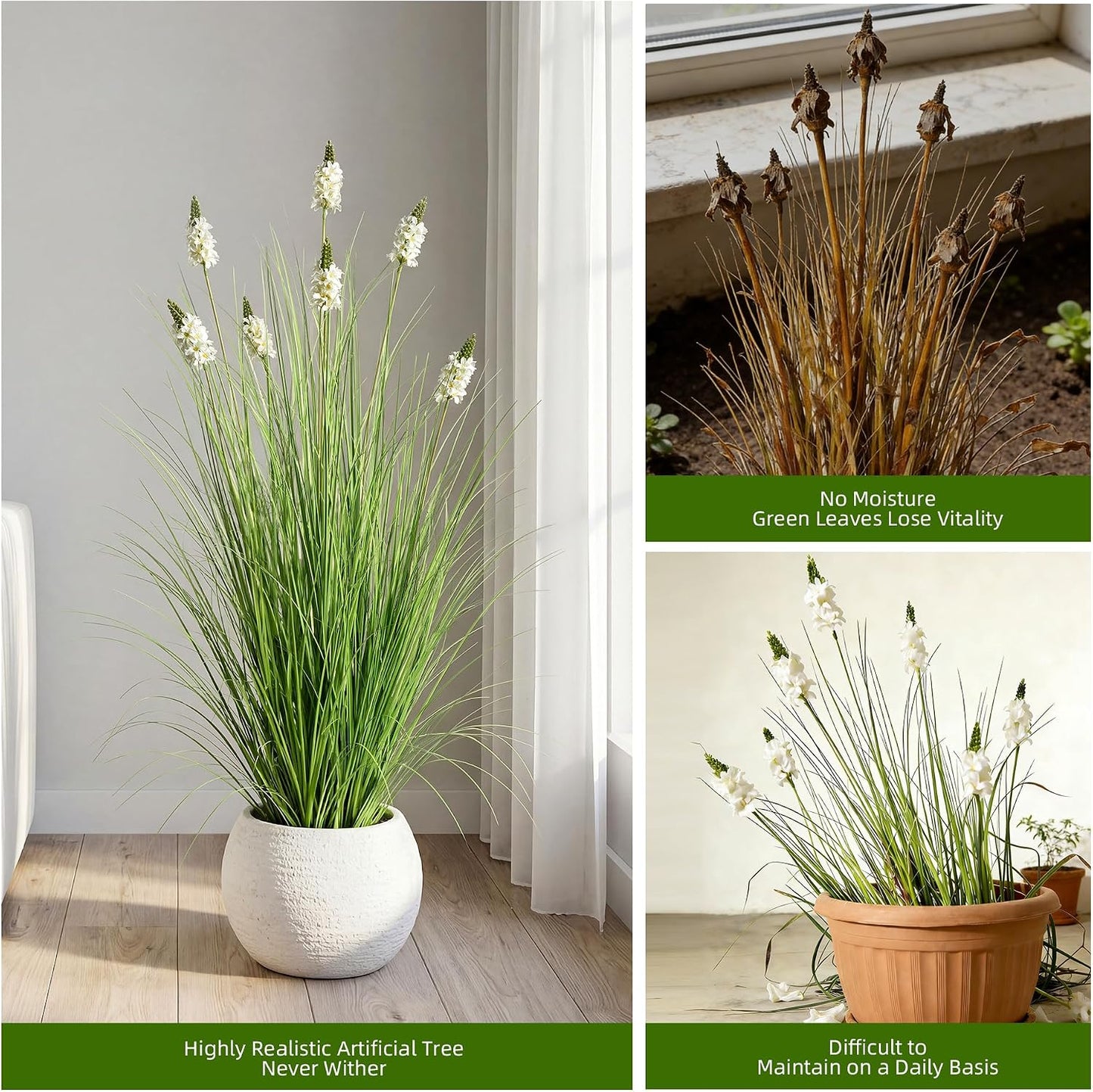 Artificial Plants Indoor Tall Grass Plants with Lilac Flower 35.4In Tall Artificial Ornamental Grass Green Onions Outdoor Fake Plants with Black Pot Home Office Decorative (1 Pack,Purple)