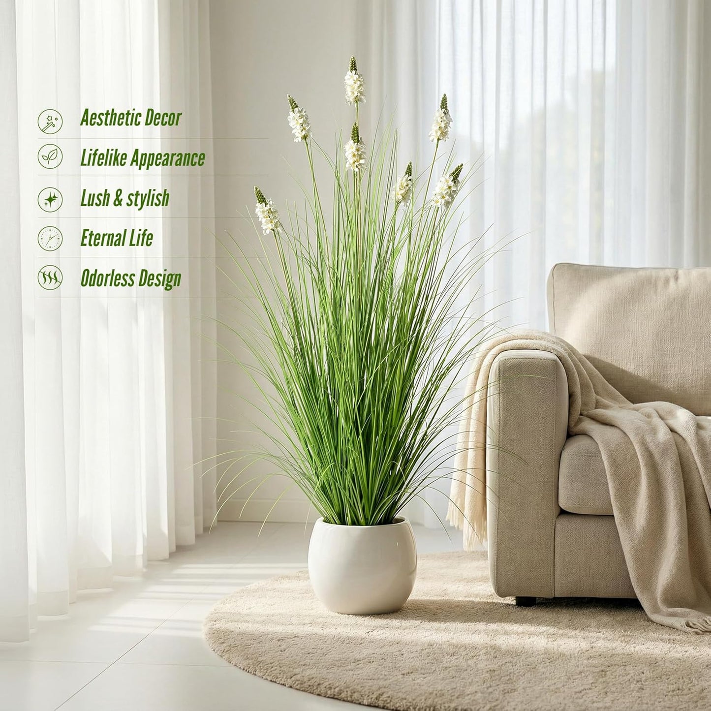 Artificial Plants Indoor Tall Grass Plants with Lilac Flower 35.4In Tall Artificial Ornamental Grass Green Onions Outdoor Fake Plants with Black Pot Home Office Decorative (1 Pack,Purple)