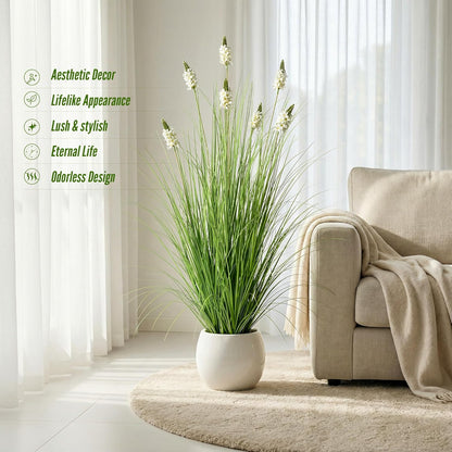 Artificial Plants Indoor Tall Grass Plants with Lilac Flower 35.4In Tall Artificial Ornamental Grass Green Onions Outdoor Fake Plants with Black Pot Home Office Decorative (1 Pack,Purple)
