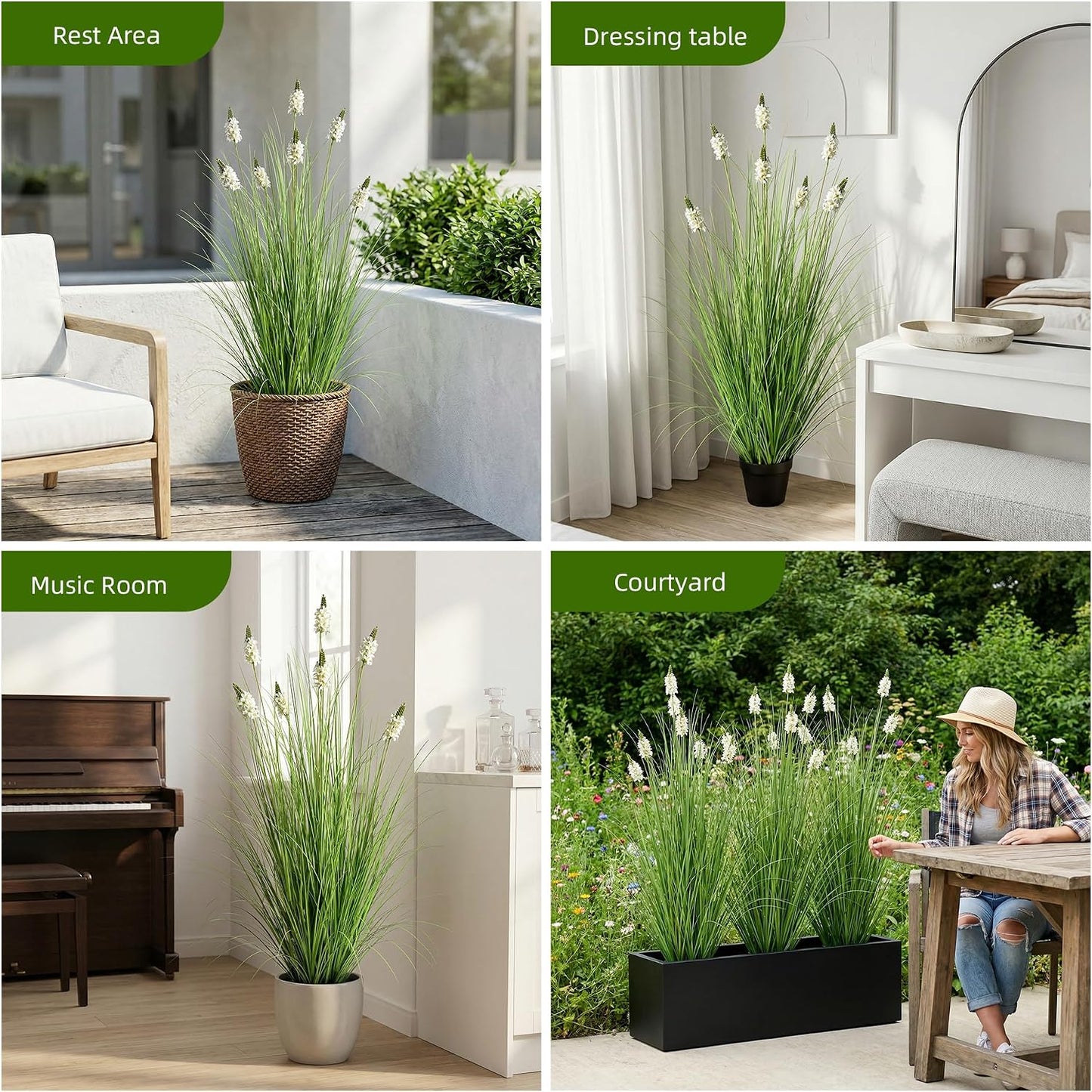 Artificial Plants Indoor Tall Grass Plants with Lilac Flower 35.4In Tall Artificial Ornamental Grass Green Onions Outdoor Fake Plants with Black Pot Home Office Decorative (1 Pack,Purple)
