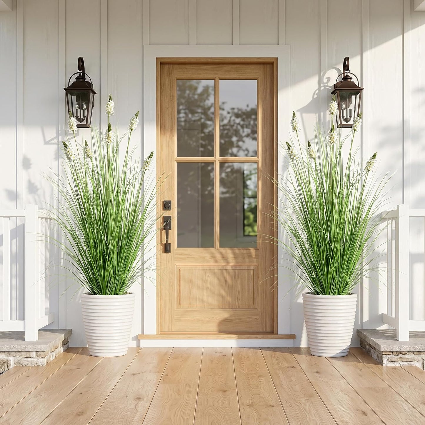 Artificial Plants Indoor Tall Grass Plants with Lilac Flower 35.4In Tall Artificial Ornamental Grass Green Onions Outdoor Fake Plants with Black Pot Home Office Decorative (1 Pack,Purple)