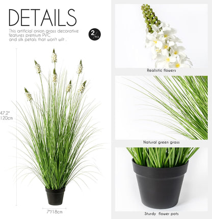 Artificial Plants Indoor Tall Grass Plants with Lilac Flower 35.4In Tall Artificial Ornamental Grass Green Onions Outdoor Fake Plants with Black Pot Home Office Decorative (1 Pack,Purple)