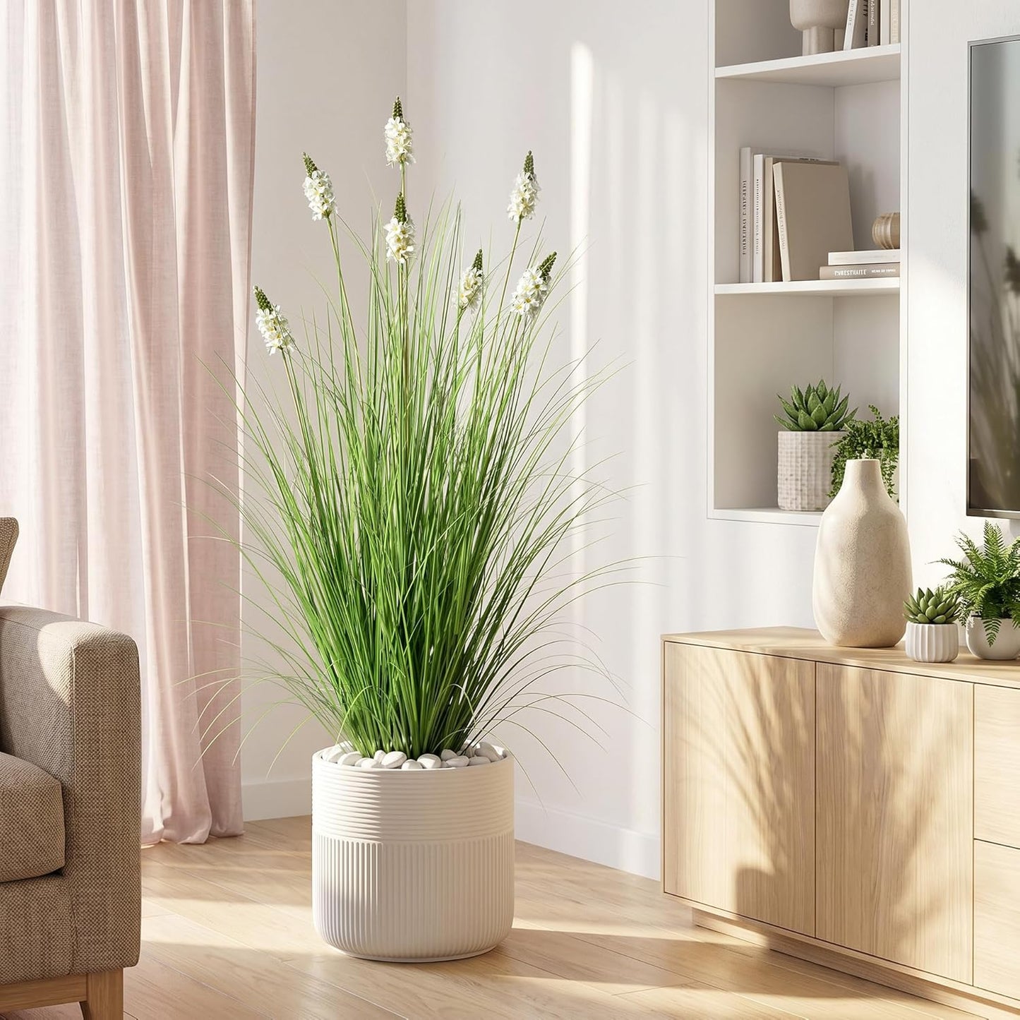 Artificial Plants Indoor Tall Grass Plants with Lilac Flower 35.4In Tall Artificial Ornamental Grass Green Onions Outdoor Fake Plants with Black Pot Home Office Decorative (1 Pack,Purple)