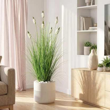 Artificial Plants Indoor Tall Grass Plants with Lilac Flower 35.4In Tall Artificial Ornamental Grass Green Onions Outdoor Fake Plants with Black Pot Home Office Decorative (1 Pack,Purple)