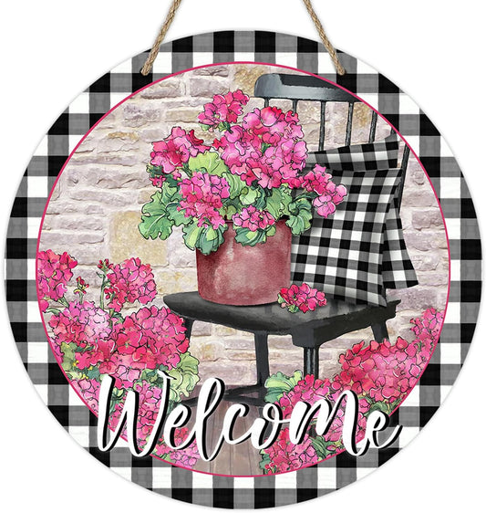 Welcome Spring Geranium Flower Sign for Front Door Decor, Floral Buffalo Plaid Chair Wood Door Hanger for Outdoor Outside Porch, Summer Farmhouse Wooden Wreath Indoor Wall Hanging Decoration
