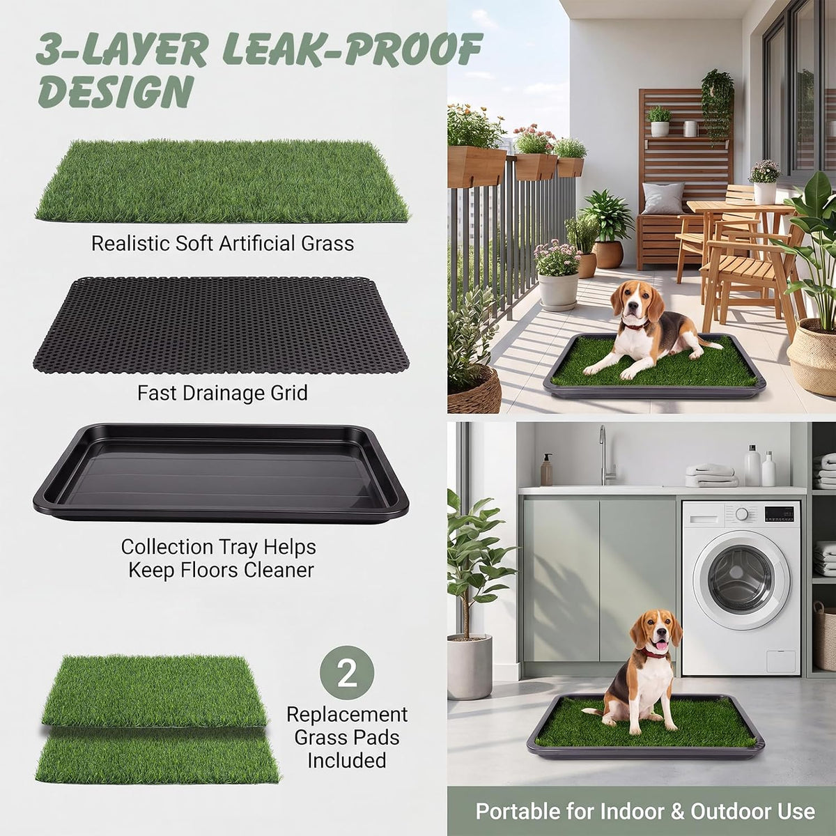 Dog Grass Pad with Tray, 30 x 20 in, 2 Replacement Pads Included