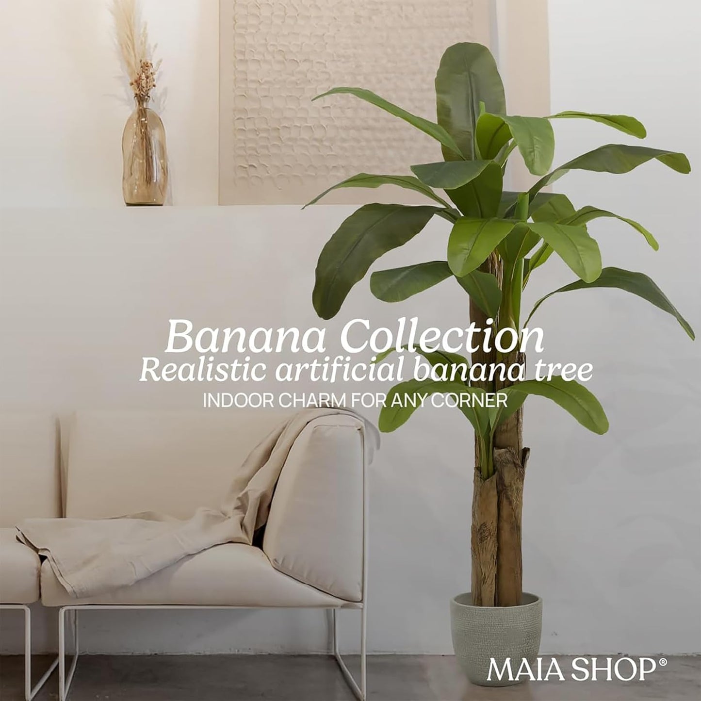 6ft Artificial Banana Tree - Faux Indoor Plant | Plastic Construction, 71 in H x 35 in W, Black Nursery Pot Included, Detachable Trunk Design, Weather Resistant
