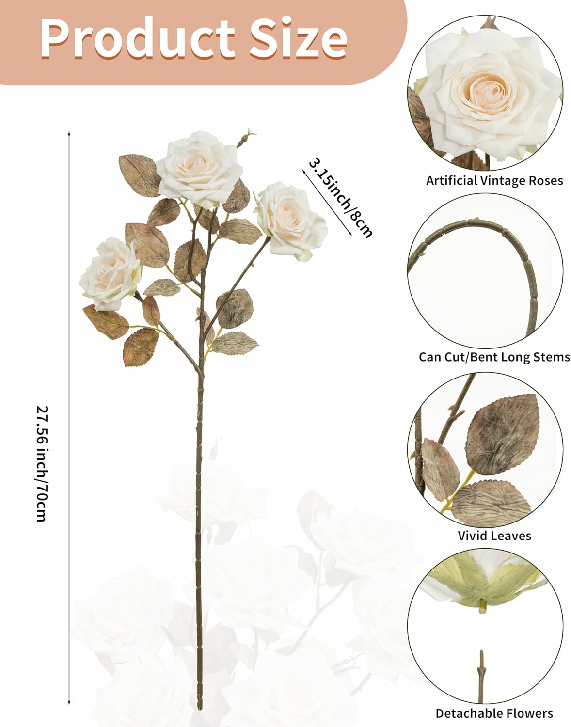 4pcs Artificial Roses Flowers Fake Silk Rose with Long Stem for Flower Arrangement Wedding Centerpiece Party Table Decoration(White)