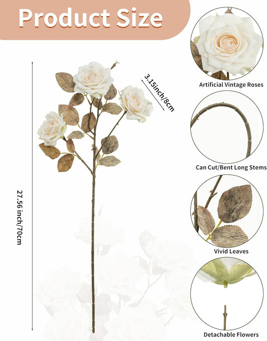 4pcs Artificial Roses Flowers Fake Silk Rose with Long Stem for Flower Arrangement Wedding Centerpiece Party Table Decoration(White)