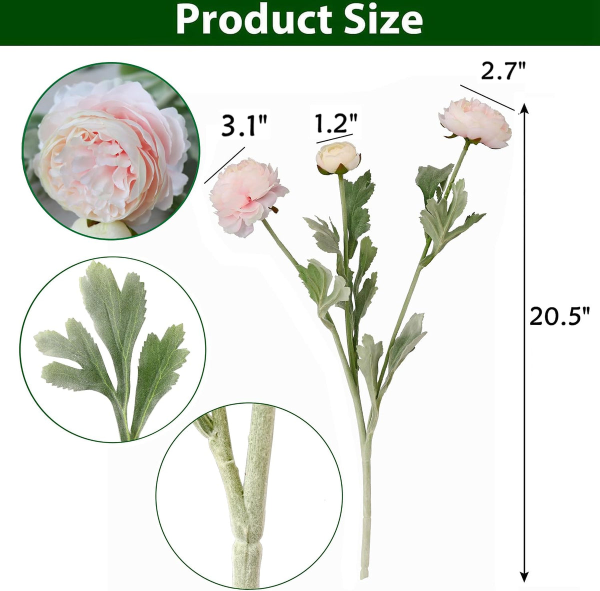 6PCS Artificial Ranunculus Flowers with Real Touch Stem for Household Arrangement (Light Orange)