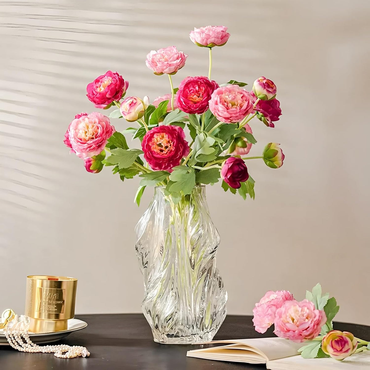 6PCS Artificial Ranunculus Flowers with Real Touch Stem for Household Arrangement (Light Orange)